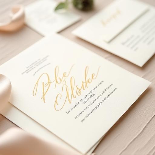 An exquisite wedding invitation suite with gold ink calligraphy on handmade paper.