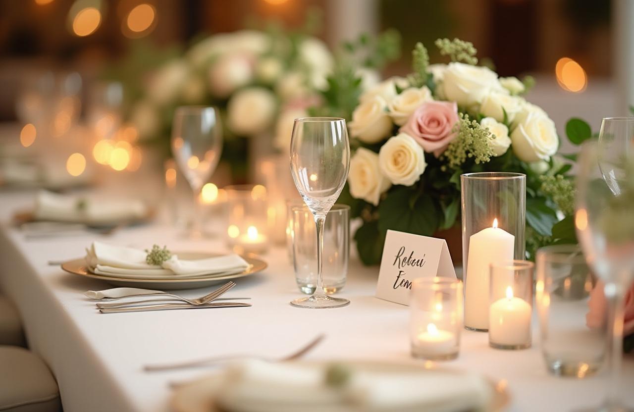 A beautifully decorated wedding table with lush floral centerpieces and elegant calligraphy place cards.