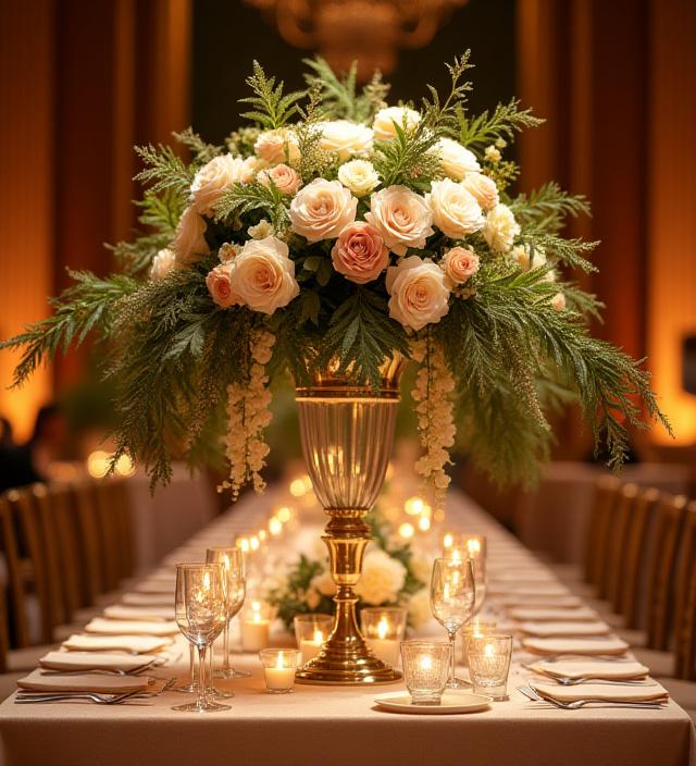 An opulent floral centerpiece for a corporate gala dinner table.