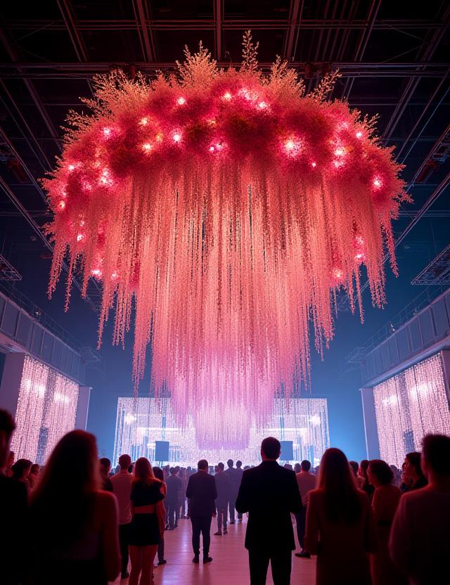 A large-scale hanging floral installation at a product launch event.