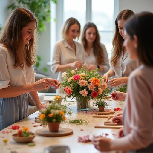 Participants in a floral workshop, each creating their own unique arrangement.
